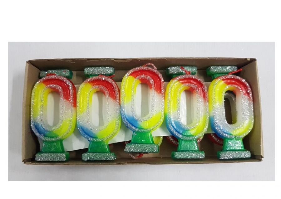 VELA NUMEROTE 0 MULTICOLOR C/GIBRE X 1 (X10) - VELAS MULTICOLOR